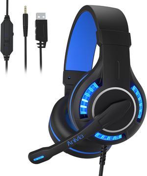 Gaming Headset Surround Stereo Sound USB Computer Gaming Headphone with Microphone,Over-the-Ear Noise Isolating Headsets,Breathing LED Light for PC Gamers (Black Blue)