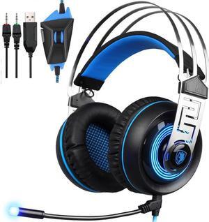 7.1 Virtual Surround Sound USB Gaming Headset with Microphone Intelligent Noise Cancelling Gaming Headphones LED Light for Laptop PC Mac (Black&Blue)