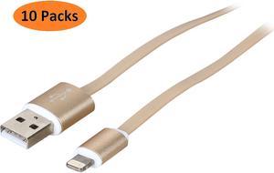 Nippon Labs USB-LI-6-GL-10P Gold Aluminum MFI Lightning Flat Cable with Gold Connetors and Gold Cable - 10 Packs