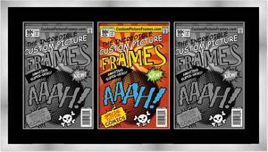 Silver Comic Book Frame with Black Mat - 3 Openings to Display 3 6.875"x10.5" Current Era Comic Published After 1985 Comic Books Horizontally - with UV Acrylic, Backing & Hardware