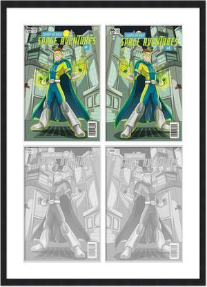 Black Comic Book Frame with White Mat - 4 Openingss to Display 4 7.125"x10.5" Silver Age Comic Published Between 1956 and 1970 Comic Books in a 2x2 Grid - with UV Acrylic, Backing & Hardware