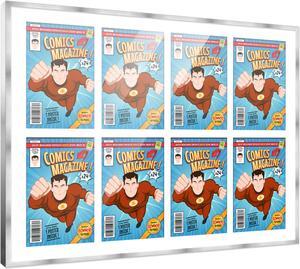 Comic Book Frame with Mat for 8 Silver Age Comics Published Between 1956 and 1970 - Silver Wood Comic Frame With White Mat for 7.125x10.5 Comics - 37.5x26.5 Frame Size