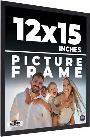 12x15 Frame Black Solid Wood Picture Frame | 0.75 Inch Moulding Width | Includes UV Acrylic Plexiglass, Acid Free Foam Backing Board and Hanging Hardware