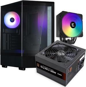 Zalman Case Cooler PSU Combo - Zalman P10 Black Micro-ATX Panoramic PC Case + 9X Performa Plus ARGB 180W TDP CPU Cooler + Gigamax 600W 80+ Plus Bronze PSU