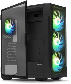 Zalman i3 ARGB Vision-TG ATX Mid-Tower Gaming PC Case, 4 x ARGB Fans Pre-Installed (3 x 140mm + 1 x 120mm rear), Tempered Glass Front & Side Panel, Black
