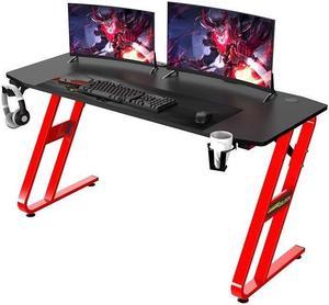 Gaming Desk 58 with LED Strip & Power Outlets, L-Shaped Computer Corner  Desk Carbon Fiber Surface with Monitor Stand, Ergonomic Gamer Table with  Cup Holder, Headphone Hook, Black 