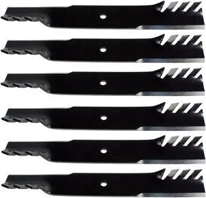 6 USA Mower Blades CMB483BP Toothed High-Lift fit 103-6383 103-6383-S 103-6393 103-6393-S 103-6398 103-6398-S Length 20-1/2 in. Width 3 in. Thickness .250 in. Center Hole 15/16 in. 60 in. Deck