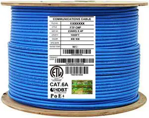 Elite Cat6a Shielded Plenum (CMP), 1000ft, 650MHz, 23AWG, F/UTP, Solid Pure Copper, 10Gb, UL Certified, UL-LP Certification, Bulk Ethernet Cable Reel, Blue