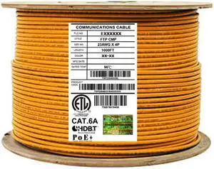 Elite Cat6a Shielded Plenum (CMP), 1000ft, 650MHz, 23AWG, F/UTP, Solid Pure Copper, 10Gb, UL Certified, UL-LP Certification, Bulk Ethernet Cable Reel, Orange Elite Cat6a Shielded Plenum (CMP), 1000ft, 650MHz, 23AWG, F/UTP, Solid Pure Copper, 10Gb, UL Certified, UL-LP Certification, Bulk Ethernet Cable Reel, Orange