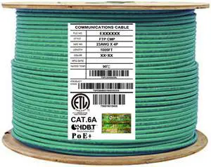 Elite Cat6a Shielded Plenum (CMP), 1000ft, 650MHz, 23AWG, F/UTP, Solid Pure Copper, 10Gb, UL Certified, UL-LP Certification, Bulk Ethernet Cable Reel, Green