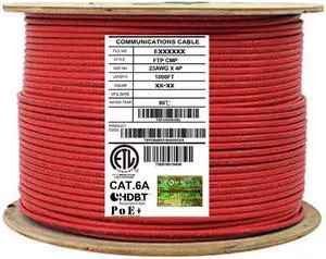 Elite Cat6a Shielded Plenum (CMP), 1000ft, 650MHz, 23AWG, F/UTP, Solid Pure Copper, 10Gb, UL Certified, UL-LP Certification, Bulk Ethernet Cable Reel, Red