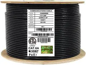 Elite Cat6a Shielded Plenum (CMP), 1000ft, 650MHz, 23AWG, F/UTP, Solid Pure Copper, 10Gb, UL Certified, UL-LP Certification, Bulk Ethernet Cable Reel, Black