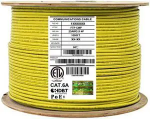 Elite Cat6a Shielded Plenum (CMP), 1000ft, 650MHz, 23AWG, F/UTP, Solid Pure Copper, 10Gb, UL Certified, UL-LP Certification, Bulk Ethernet Cable Reel, Yellow