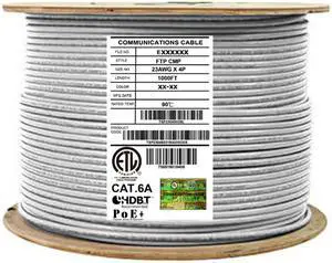 Elite Cat6a Shielded Plenum (CMP), 1000ft, 650MHz, 23AWG, F/UTP, Solid Pure Copper, 10Gb, UL Certified, UL-LP Certification, Bulk Ethernet Cable Reel, White