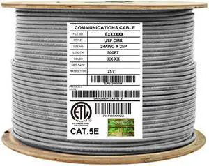 Elite Cat5e Riser (CMR), 500ft, 350MHz, 24AWG, 25 Unshielded Twisted Pairs, Solid Bare Copper, U/UTP, UL Certified, Bulk Ethernet Cable Reel, Gray