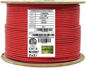 Elite Cat6 Shielded Plenum (CMP), 1000ft, 550MHz, 23AWG, F/UTP, Solid Pure Copper, UL Certified, UL-LP Certification, Bulk Ethernet Cable Reel, Red