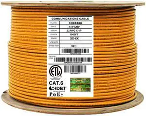 Elite Cat6 Shielded Plenum (CMP), 1000ft, 550MHz, 23AWG, F/UTP, Solid Pure Copper, UL Certified, UL-LP Certification, Bulk Ethernet Cable Reel, Orange