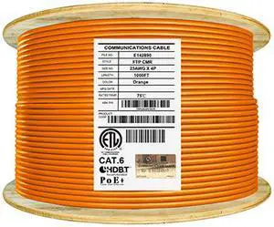 Elite Cat6 Shielded Riser (CMR), 1000ft, 550MHz, 23AWG, F/UTP, Solid Bare Copper, UL Certified, UL-LP Certification, Bulk Ethernet Cable Reel, Orange