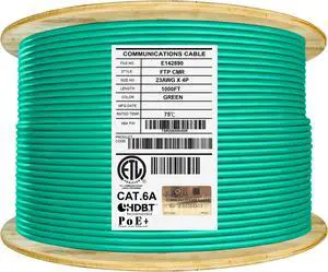 Elite Cat6a Shielded Riser (CMR), 1000ft, 650MHz, 23AWG, F/UTP, Solid Pure Copper, Rated 10G, Bulk Ethernet Cable Reel, Green