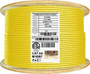 Elite Cat6a Shielded Riser (CMR), 1000ft, 650MHz, 23AWG, F/UTP, Solid Pure Copper, Rated 10G, Bulk Ethernet Cable Reel, Yellow