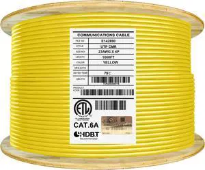 Elite Cat6a Riser (CMR), 1000ft, 650MHz, 23AWG, U/UTP, Solid Bare Copper, UL Certified,  Bulk Ethernet Cable Reel, Yellow