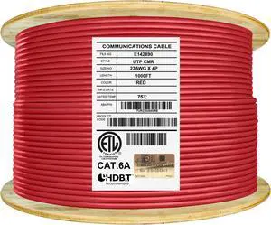Elite Cat6a Riser (CMR), 1000ft, 650MHz, 23AWG, U/UTP, Solid Bare Copper, UL Certified,  Bulk Ethernet Cable Reel, Red