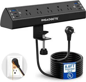 IMGadgets Desk Clamp Power Strip | Smart Power Management with 5 AC Outlets | 20W Fast Charging | 6 USB Ports (2 USB-A, 4 USB-C) | 900J Surge Protection | Extended 6.6ft Cord | 45° Flat Plug