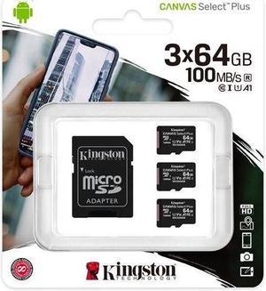Kingston - Set of 3 Micro SDXC Canvas Select Plus Cards, 100R, A1, C10, with 1 Adapter