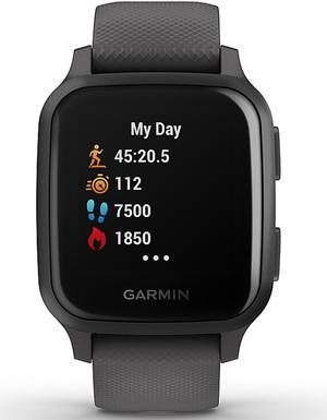 Garmin Venu Sq, Slate Aluminum Bezel with Shadow Gray Case and Silicone Band