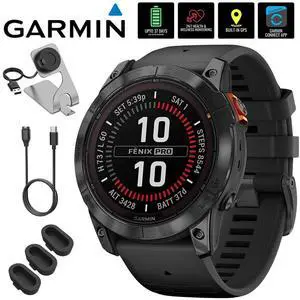 Garmin Fenix 7X Pro Solar, Glass, Slate Gray Steel, Black w/ Accessories Bundle