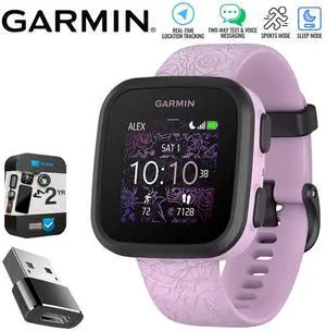 Garmin Bounce Kid Smartwatch, Lilac Floral w/ Converter Adapter + 2 Yr Warranty Bundle