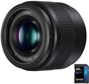 Panasonic H-H025K 25mm F1.7 LUMIX G Lens + 64GB Memory Card Bundle