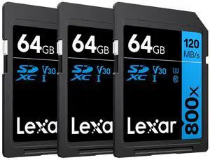 Lexar 64GB High-Performance 800x UHS-I SDXC Memory Card BLUE Series - (3-Pack)