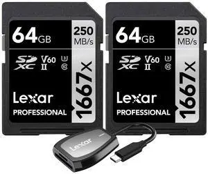 Lexar Professional 1667x 64GB SDXC UHS-II Memory Card 2-Pack + USB-C Dual-Slot Reader