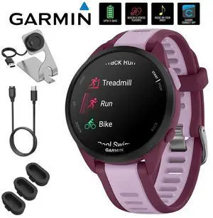 Garmin Forerunner 165 Music Smart Sport Watch, Berry + Lilac w/ Accessories Bundle