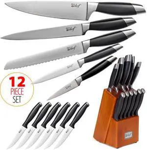 Deco Chef 12-Piece Stainless Steel Kitchen Knife Set with Full Tang High Grade Blades and Wooden Storage Block, Sharpening Manual Included