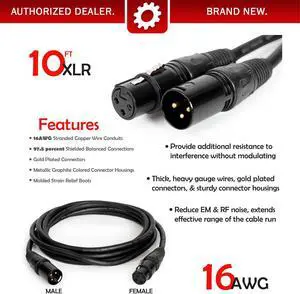 Deco Gear XLR 10' Male to XLR Female 16AWG Gold Plated Cable
