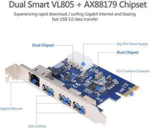 PCI-E to External 3-Port USB 3.0 Plus Gigabit Ethernet Card Adapter Converter for PC Desktop computer
