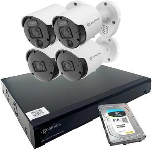 Camius PoE 16 Channel NVR system w/ two 4K Outdoor Spotlight Cameras with Siren, two 2K Bullet Cameras w/ Audio Recording, Sound, AI Detection, 4TB HDD included (easily scalable to 16 cameras & 30TB)