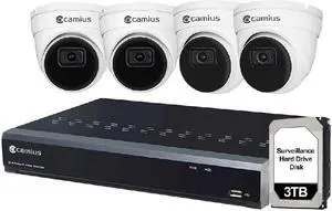 Camius 8 Channel NVR with 3TB HDD, 4 pcs 4K PoE Dome Business Surveillance Cameras with Intelligent Sound, Human & Vehicle Detection, 110° super wide-angle, NVR software for PC, Mac, Phone app
