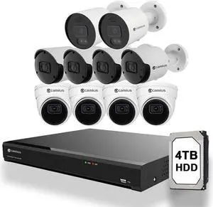 Camius 16 Channel NVR system with 4TB HDD, 2 x 2 Way 4K Security Cameras with lights, siren, 8 x 2K PoE Cameras with audio recording, Night Vision, iPhone, iPhone, iPad, Android, PC, Mac compatible