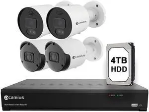 Camius PoE Security Camera System with 4K 8 Channel NVR, 4TB Hard Drive, 2 x 4K Spotlight Cameras (Siren, 2-way audio), 2 x 2K Outdoor Security Cameras, Audio Recording, Smart, AI detection