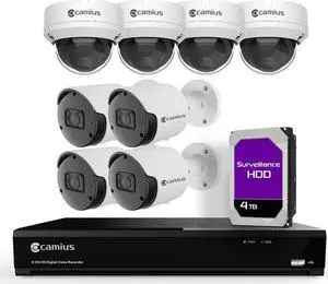Camius 4K 8 Channel DVR security system with 8 4K Analog Dome & Bullet Cameras, 4TB Hard Drive - 3840x2160, Vandal proof, Outdoor, Wide angle, PC, Mac, Web browser, Mobile app view