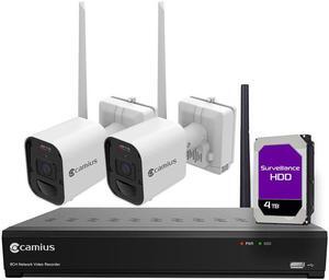 Camius 4K Wireless Security Camera System with 2 Battery Operated Wireless Cameras with Lights, Siren, 2 Way Audio, 8 Channel NVR, 4TB HDD, HDMI out, Standalone, Remote Access