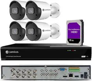 Camius 4 x 4K Analog Security Cameras with Hybrid 8 Channel DVR Recorder with 4TB Hard drive, can add up to 12 channels (8 BNC+4 IP), Smart, Human, Vehicle Detection,PC, Mac, Browser, Phone compatible
