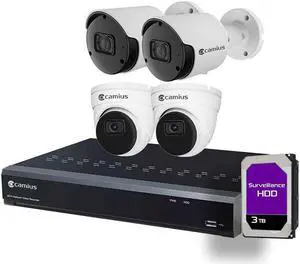 Camius 4K PoE 8 Channel NVR System with 3TB Hard Drive, 4 x 5MP 2K Wired PoE cameras with Audio, Night vision, Smart Motion, Sound, AI detection PC, Mac Software, Web Browser, Mobile view
