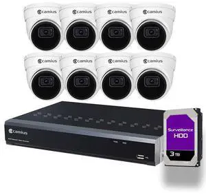 Camius Super HD 2K PoE 8 Dome Surveillance Cameras with Audio, Smart Motion, Sound, Human, Vehicle Detection, WDR, 110-degree view, 8 Channel NVR, 3TB HDD