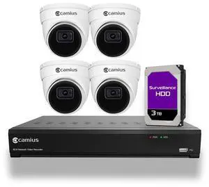 Camius 4K 8 Channel NVR system with 4 5MP PoE Dome Security Cameras with Audio, Smart Motion, Sound, AI Human, Vehicle, Perimeter Intrusion, Line Crossing Detection, 110-degree view, 3TB Hard Drive
