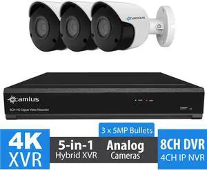Camius 4K 8 Channel DVR NVR Security system with 3 Wired 5MP analog indoor outdoor video security cameras - color night vision, wide view 3.6mm lens, IP66 outdoor - sold without HDD