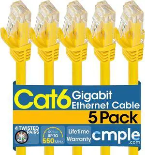 Cmple - [5 PACK] 1.5 Feet Cat6 Ethernet Cable, 10 Gigabit Network Cord, Ethernet Patch Cable, Computer LAN Internet Cable with Snagless RJ45 Connectors, Modem Wire - Yellow